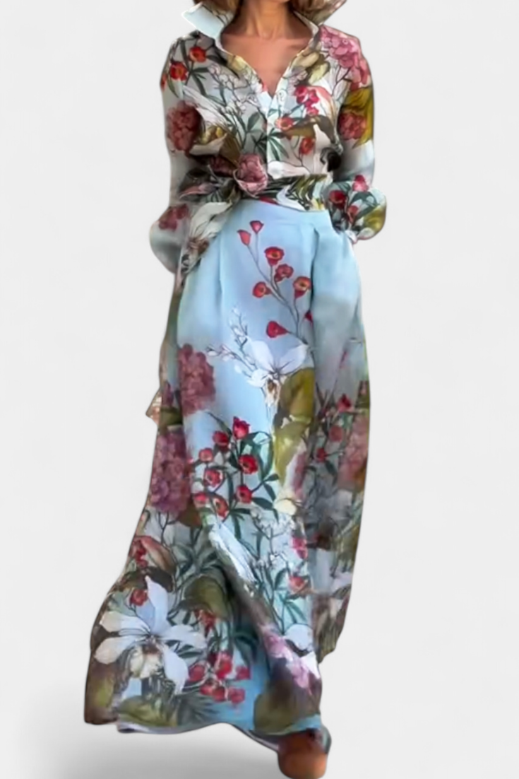Gemma Botanical Print Ensemble: Belted Shirt and Palazzo Pants