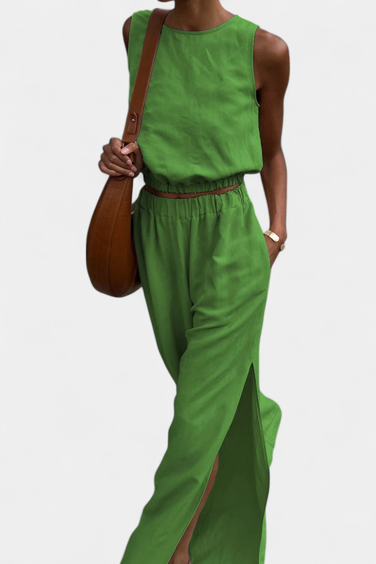 Nora Sleeveless Cotton-Linen Set with Wide-Leg Trousers