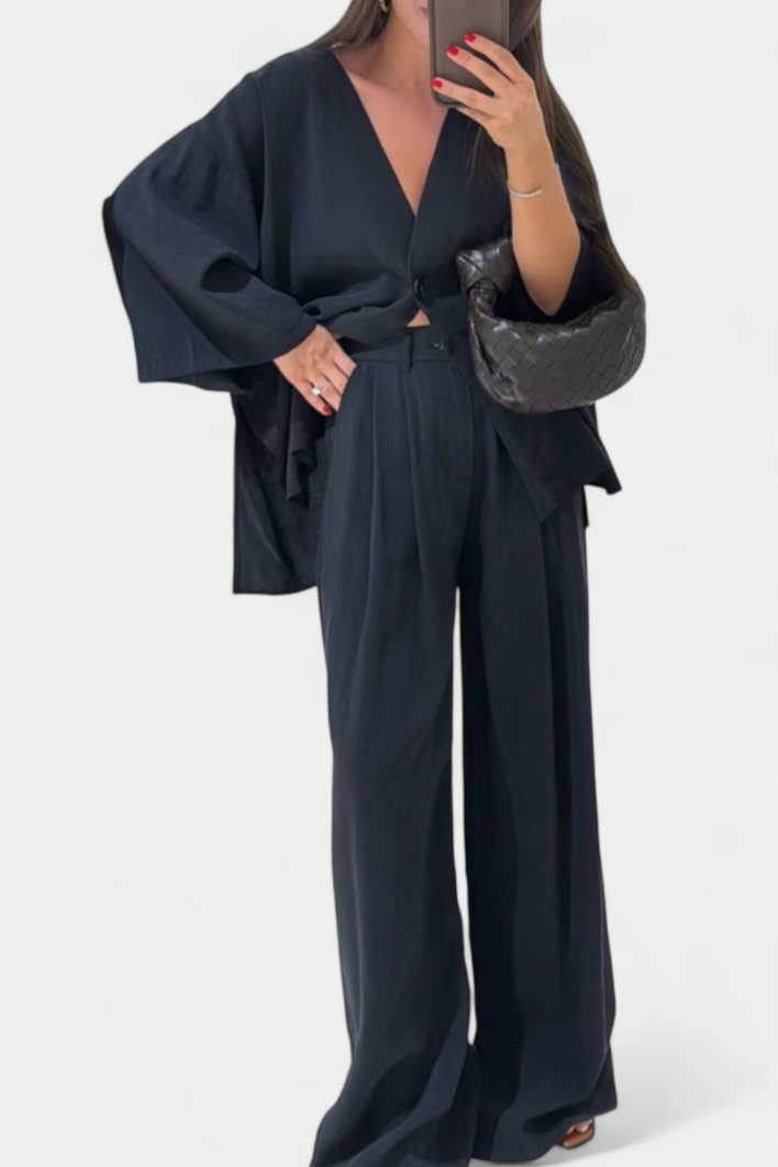 Linda V-Neck Top with Straight-Leg Pants Set