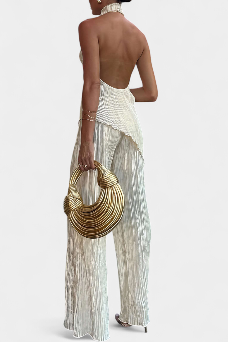 Nicoletta Halter Neck Asymmetrical Top with Wide-Leg Pants Set