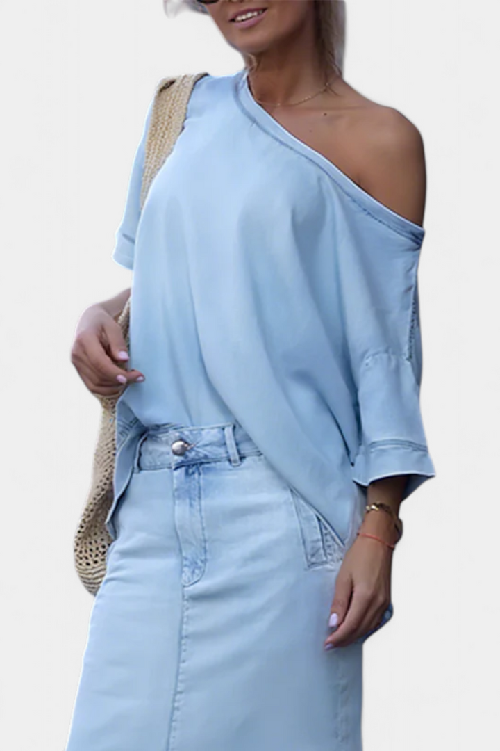 Perla Asymmetrical Denim Set with Long Skirt