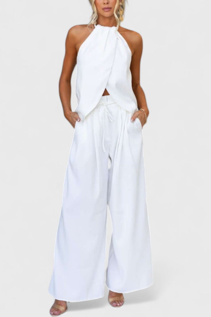 Lorena Linen Ensemble: Front Neckline Top with Wide Leg Pants