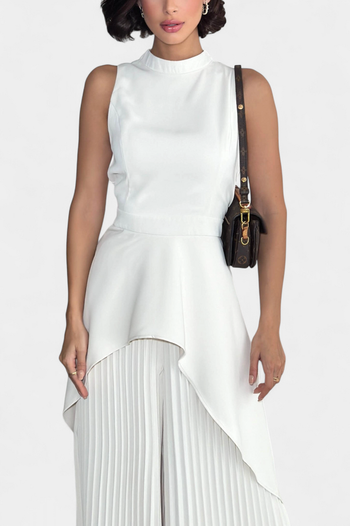 Greta Asymmetrical Sleeveless Outfit with Pleated Trousers