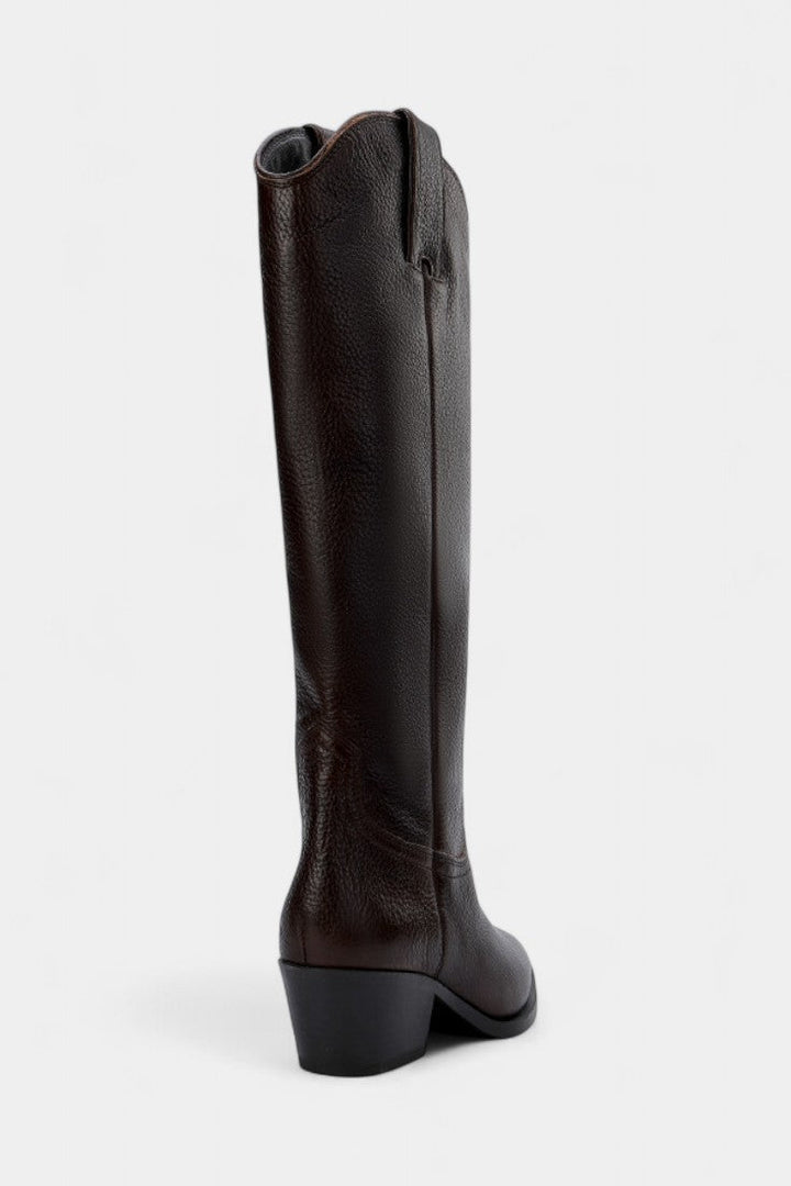 Cecilia Brown Leather Equestrian Boots with Pointed Toe and Low Heel Design