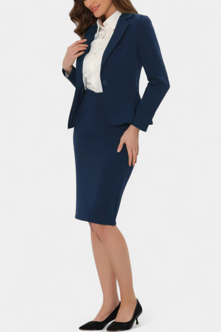 Sara Chic Blazer and Pencil Skirt Ensemble with Notched Collar