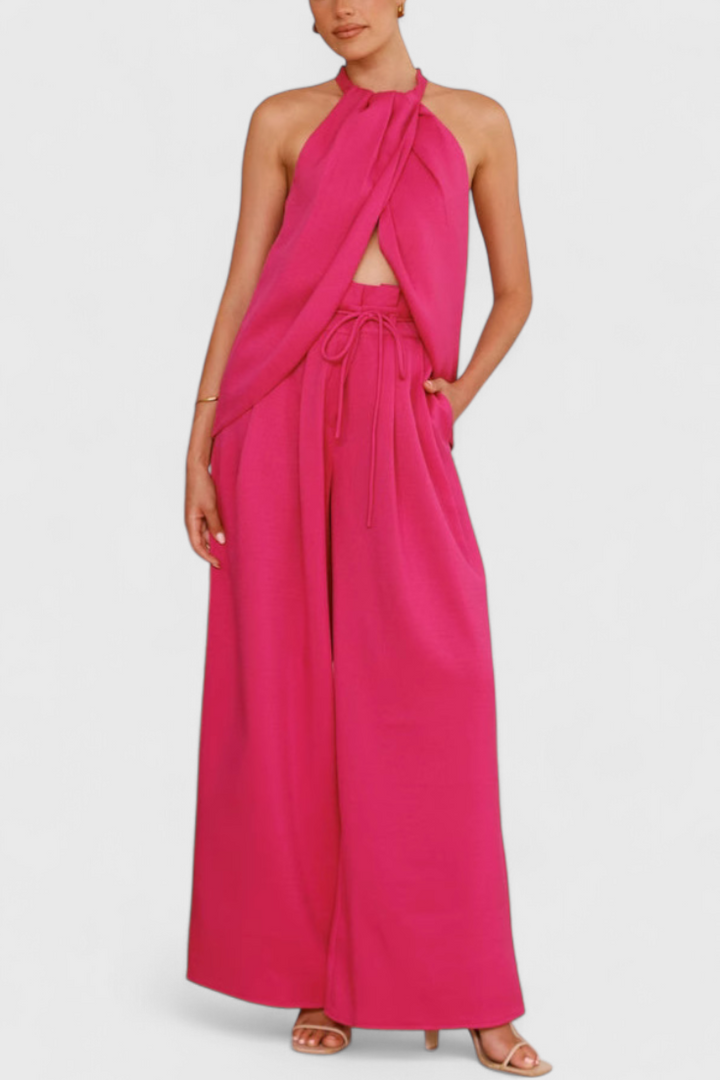 Lorena Linen Ensemble: Front Neckline Top with Wide Leg Pants