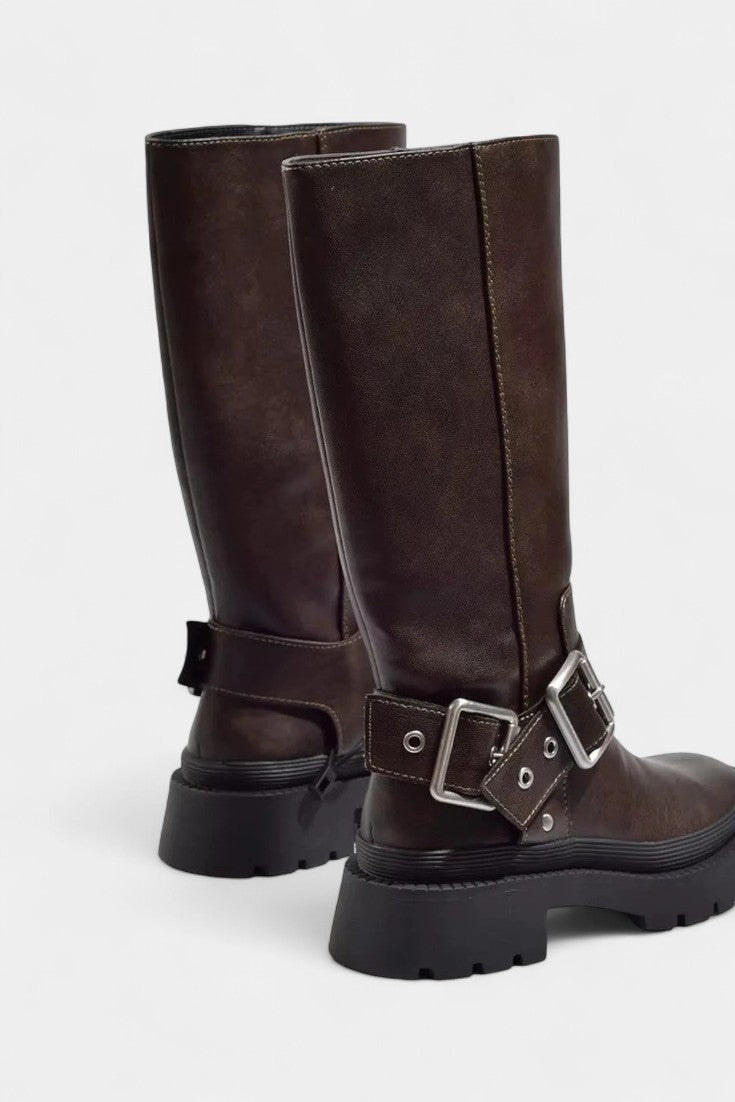 Caterina Strapped Mid-Calf Boots with Buckle Detail
