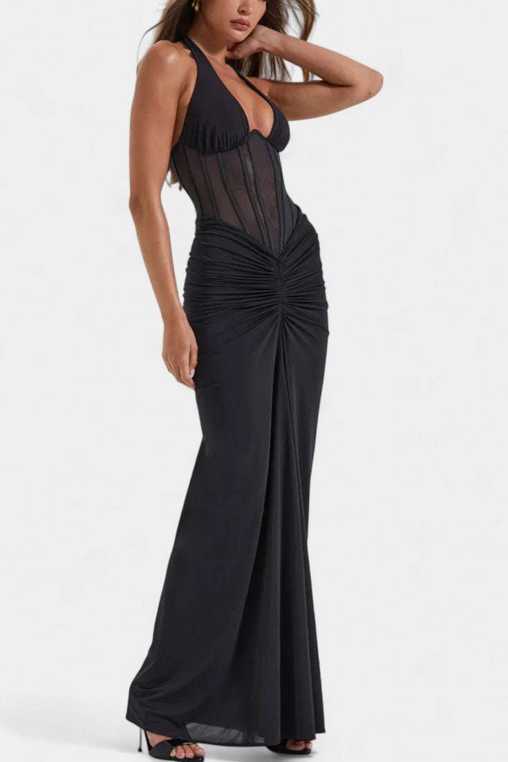 Isabella Mesh Corset Halter with Gathered Maxi Skirt Ensemble