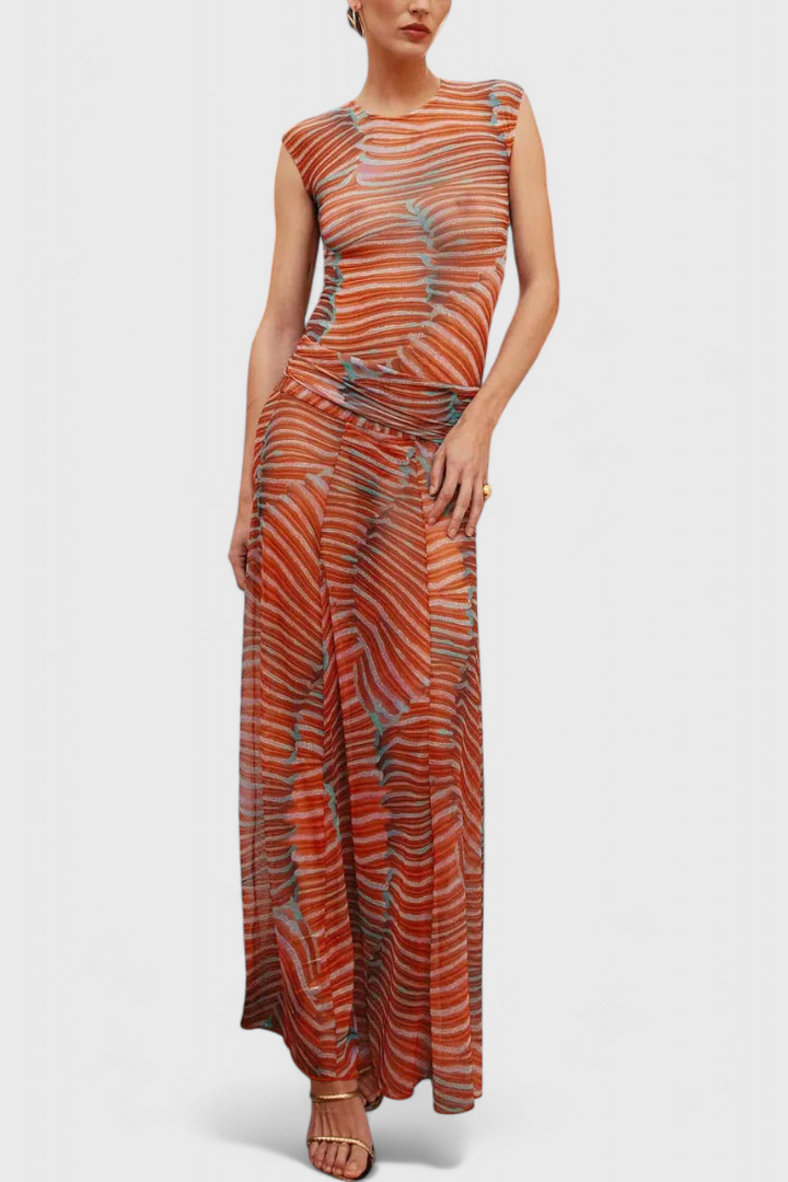 Giada Set in Vibrant Psychedelic Wave Print with Flowing Midi Skirt