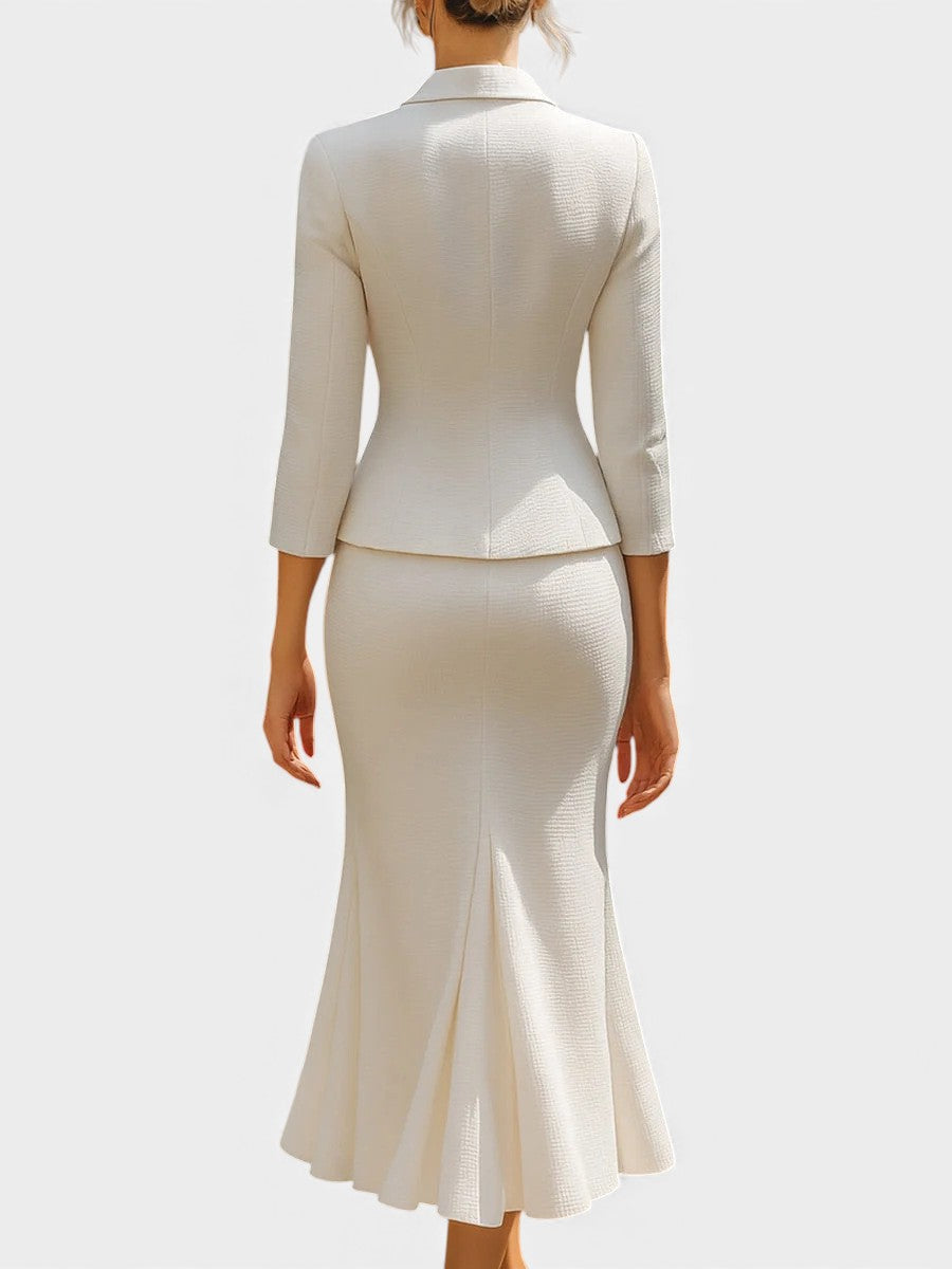 Veronica Chic Ecru Tailored Suit with Flowing Long Wrap Skirt