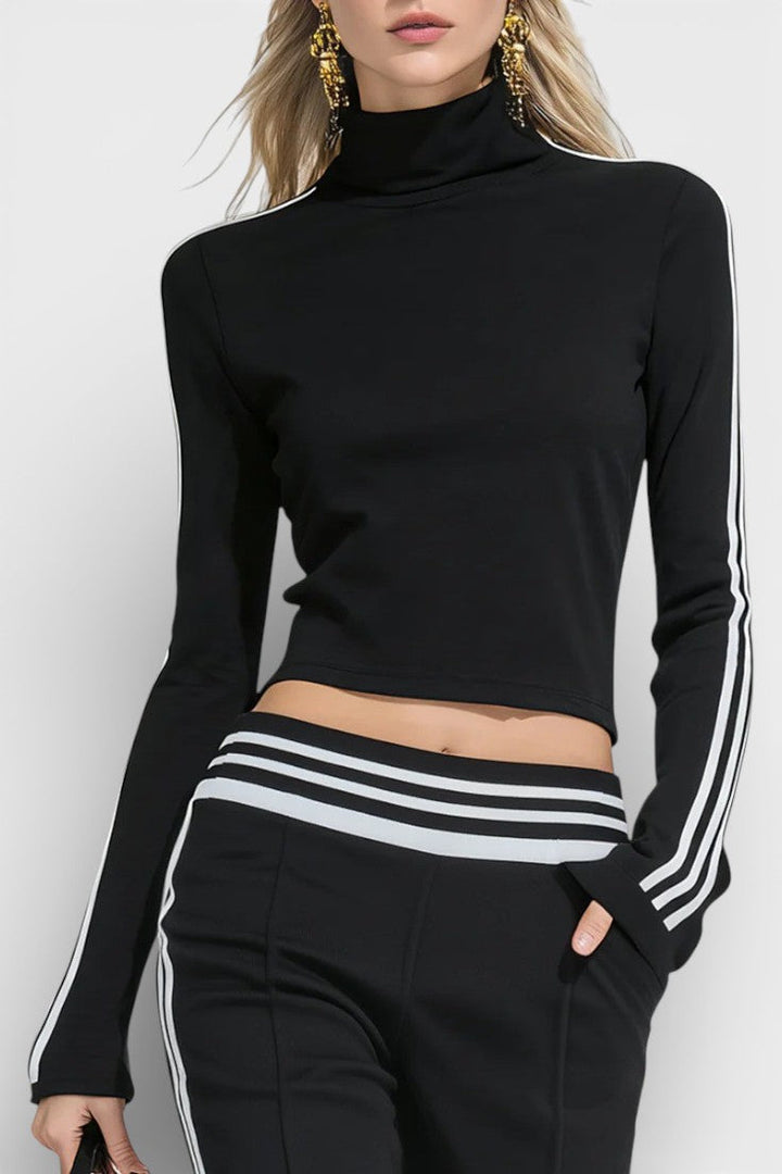 Donatella Retro Sport Chic Black Knit Set with High Collar and Flared Pants