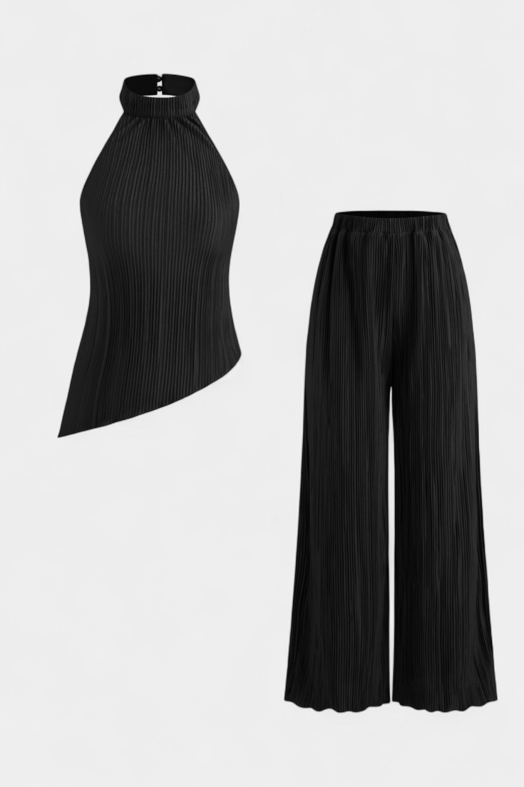 Nicoletta Halter Neck Asymmetrical Top with Wide-Leg Pants Set