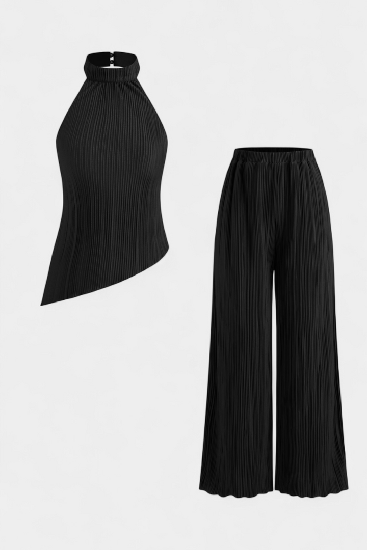 Nicoletta Halter Neck Asymmetrical Top with Wide-Leg Pants Set