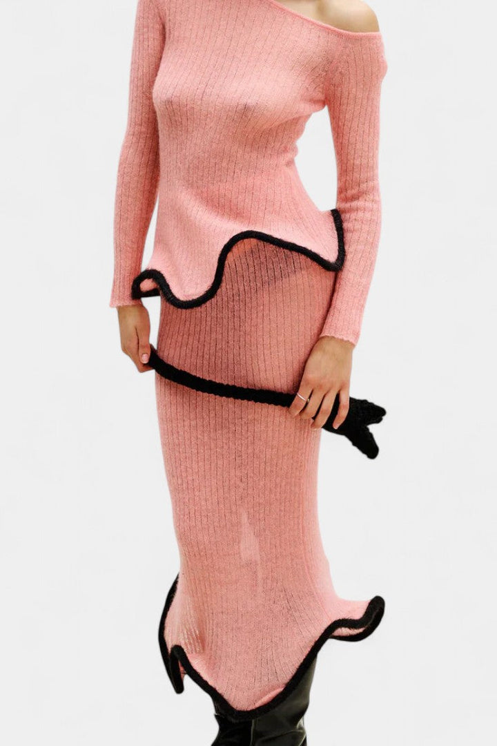Ginevra Asymmetrical Knit Set with Ruffled Trim and Shimmering Midi Skirt