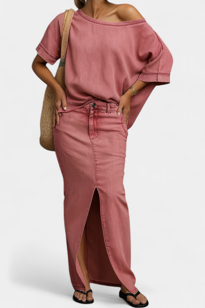 Perla Asymmetrical Denim Set with Long Skirt