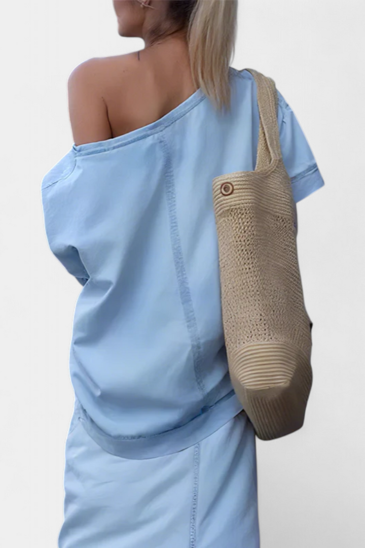 Perla Asymmetrical Denim Set with Long Skirt