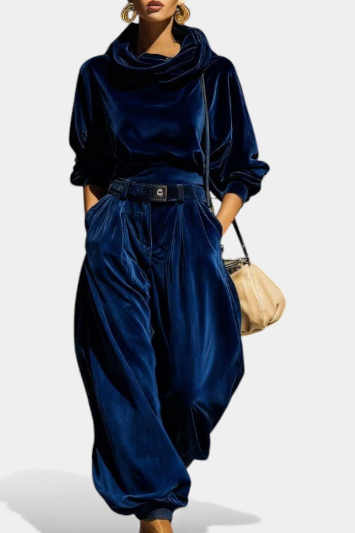 Sabrina Vintage Brown Velvet Hooded Ensemble with Relaxed Pants