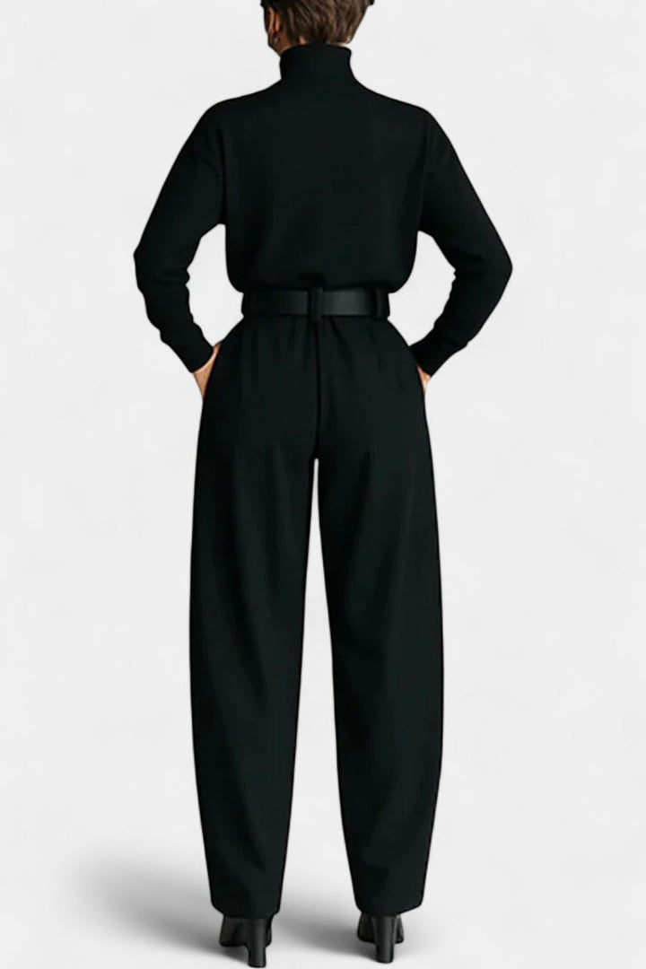 Renata Black High Collar Ensemble with Straight Leg Trousers