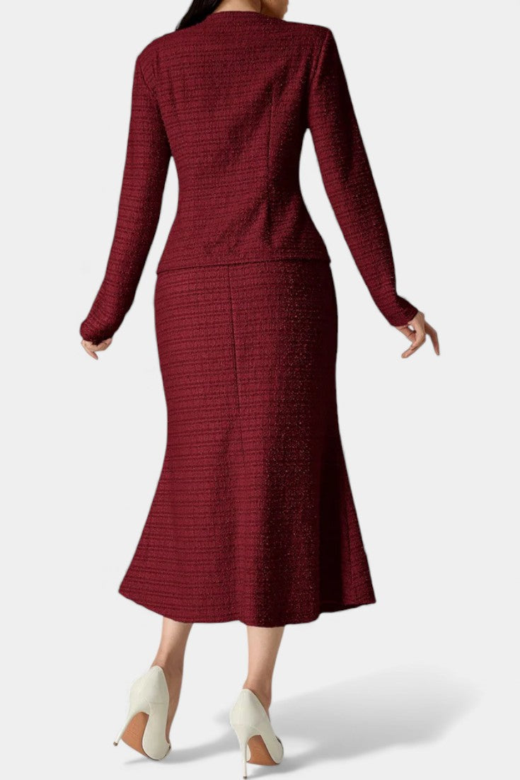 Raffaella Two-Piece Tweed Ensemble – Round Neck Blouse with Midi Mermaid Skirt