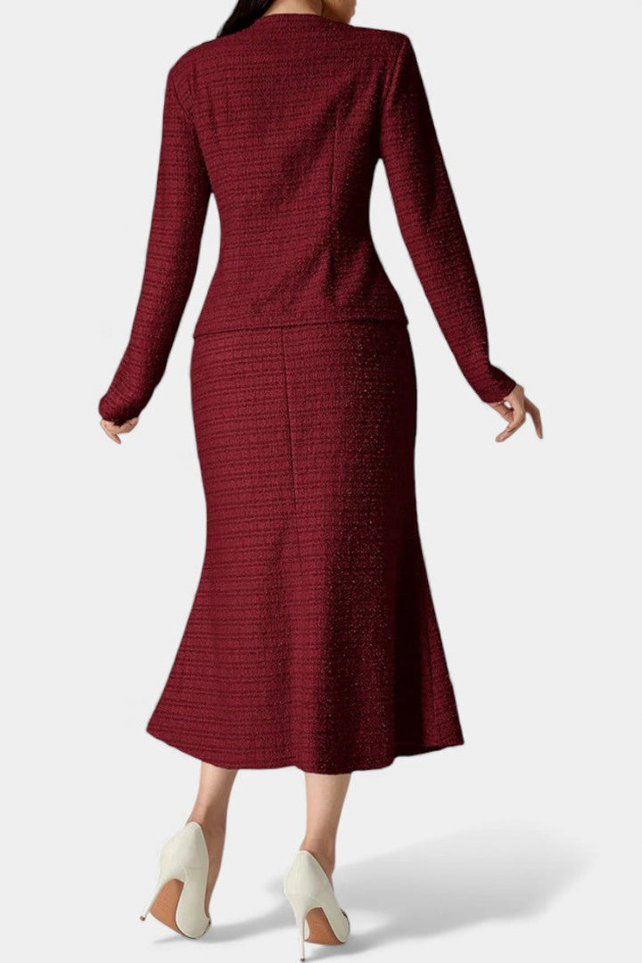 Raffaella Two-Piece Tweed Ensemble – Round Neck Blouse with Midi Mermaid Skirt