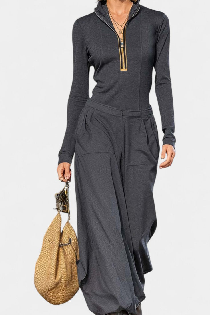 Sonia Dark Gray Set Featuring High Collar and Wide-Leg Trousers