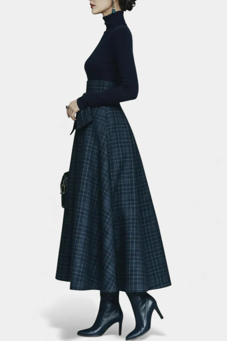 Viola Night Blue High Neck Set with Checkered Skirt