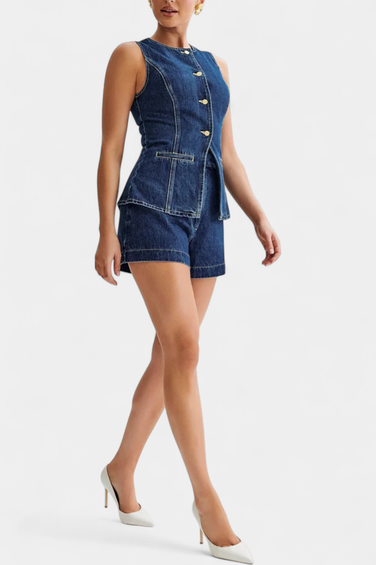 Chiara Denim Ensemble: Sleeveless Jacket & High-Waisted Shorts