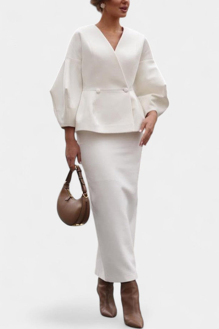 Sabina Chic Tailored Ensemble with V-Neck and Puff Sleeves