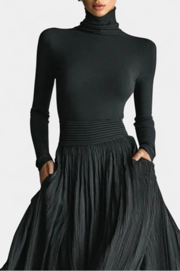 Rosa Black High Neck Set with Flowing Pleated Skirt