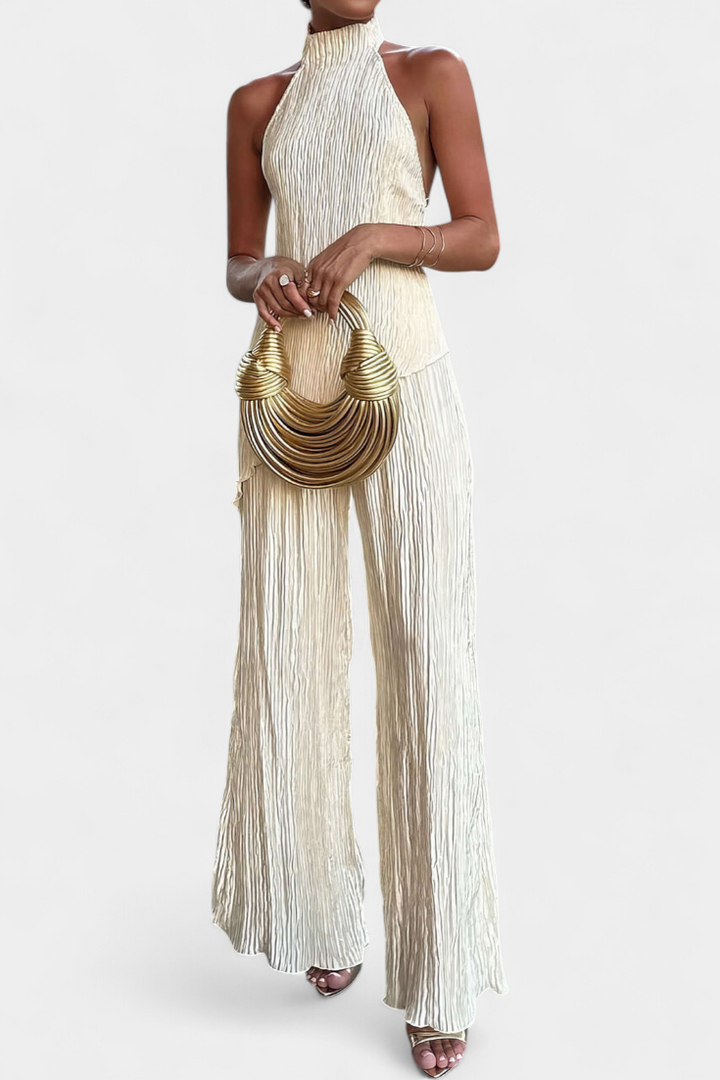 Nicoletta Halter Neck Asymmetrical Top with Wide-Leg Pants Set