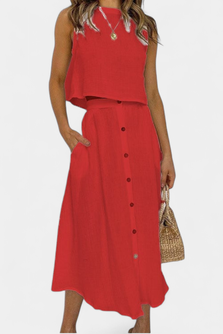 Nadia Casual Cotton Ensemble with Center Button Detail and Midi Skirt