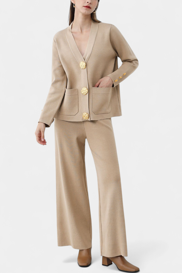 Luisella Classic Cardigan Set with Wide-Leg Trousers