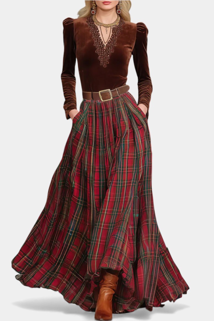 Giuliana Lace Ensemble with Red Checkered Skirt and Belt