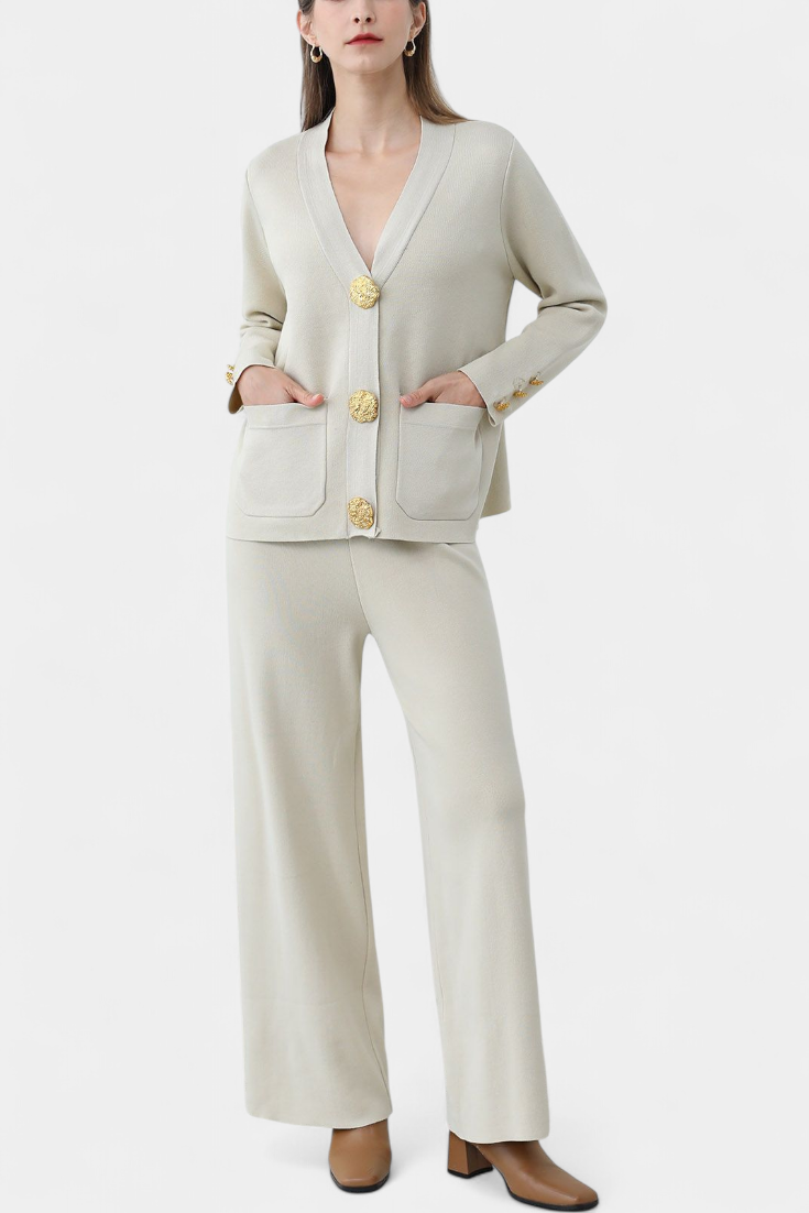 Luisella Classic Cardigan Set with Wide-Leg Trousers