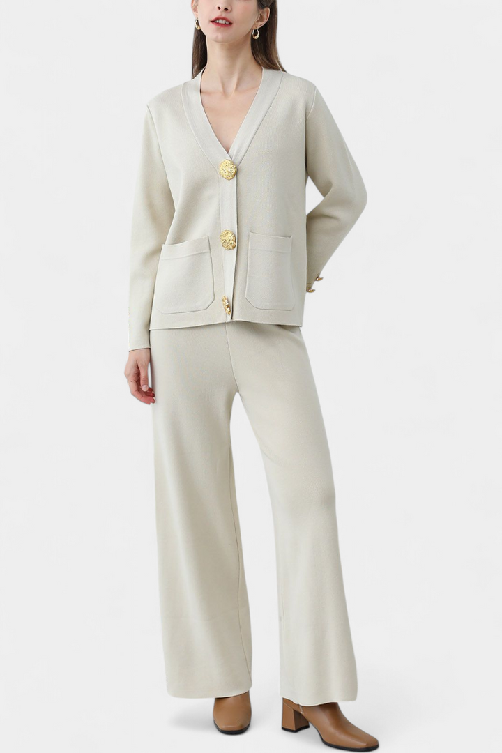 Luisella Classic Cardigan Set with Wide-Leg Trousers