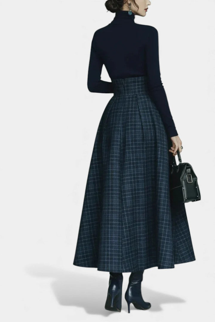 Viola Night Blue High Neck Set with Checkered Skirt