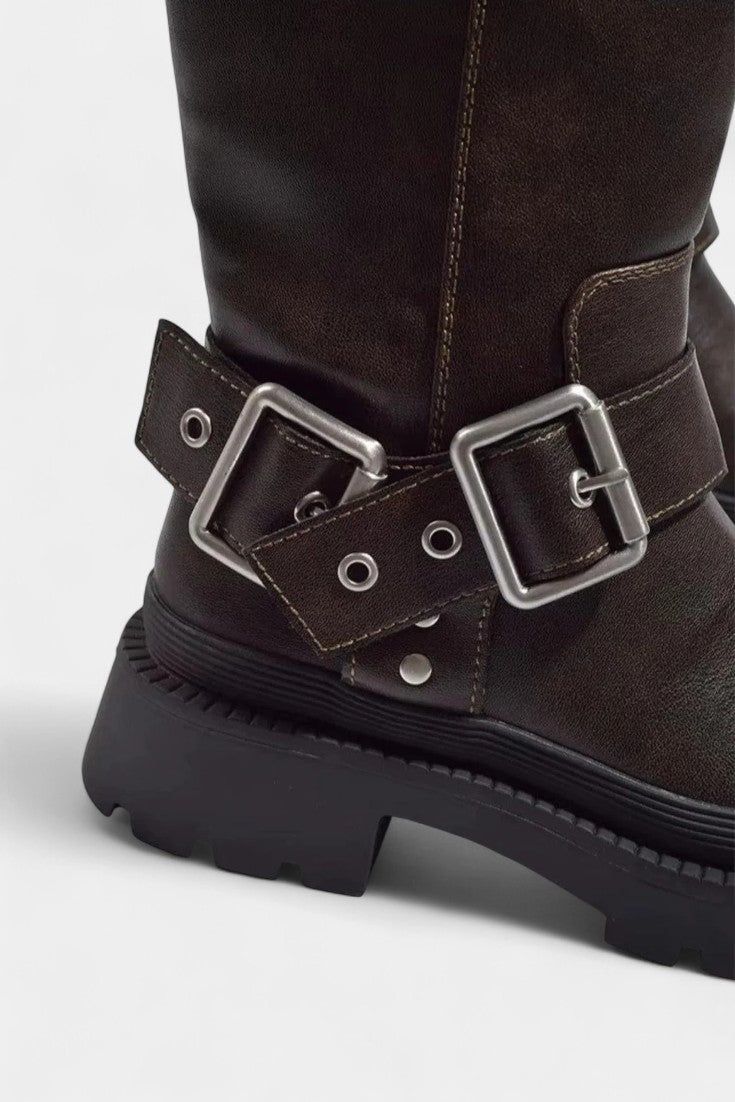 Caterina Strapped Mid-Calf Boots with Buckle Detail