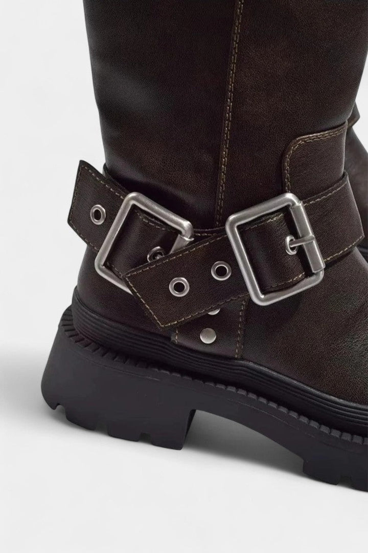 Caterina Strapped Mid-Calf Boots with Buckle Detail