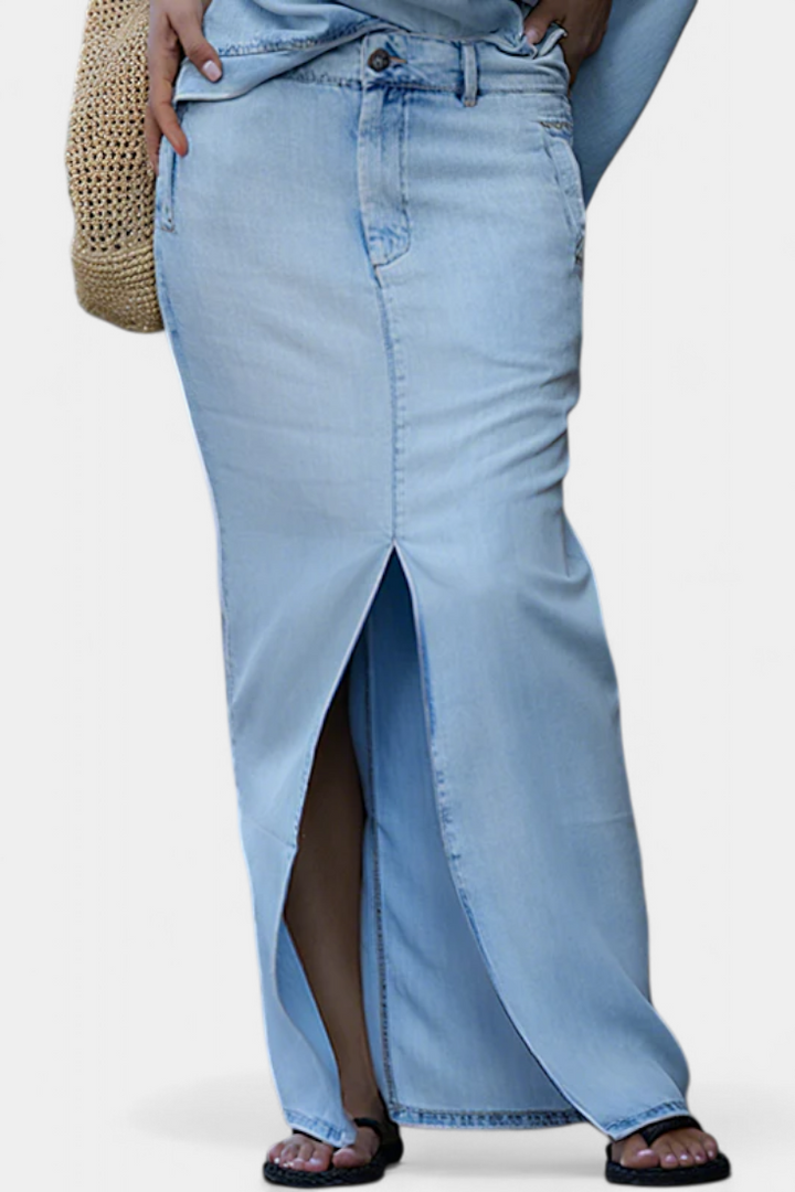 Perla Asymmetrical Denim Set with Long Skirt