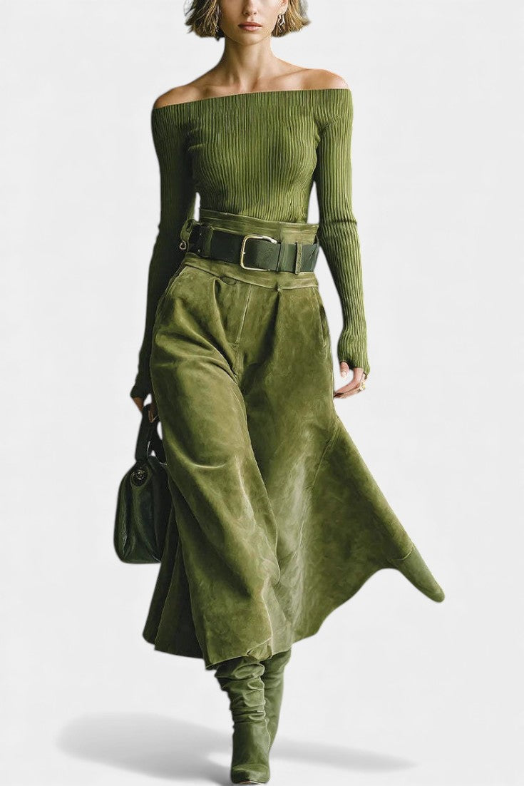 Teresa Olive Off-the-Shoulder Top with Midi Suede Skirt Ensemble