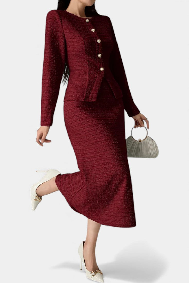 Raffaella Two-Piece Tweed Ensemble – Round Neck Blouse with Midi Mermaid Skirt