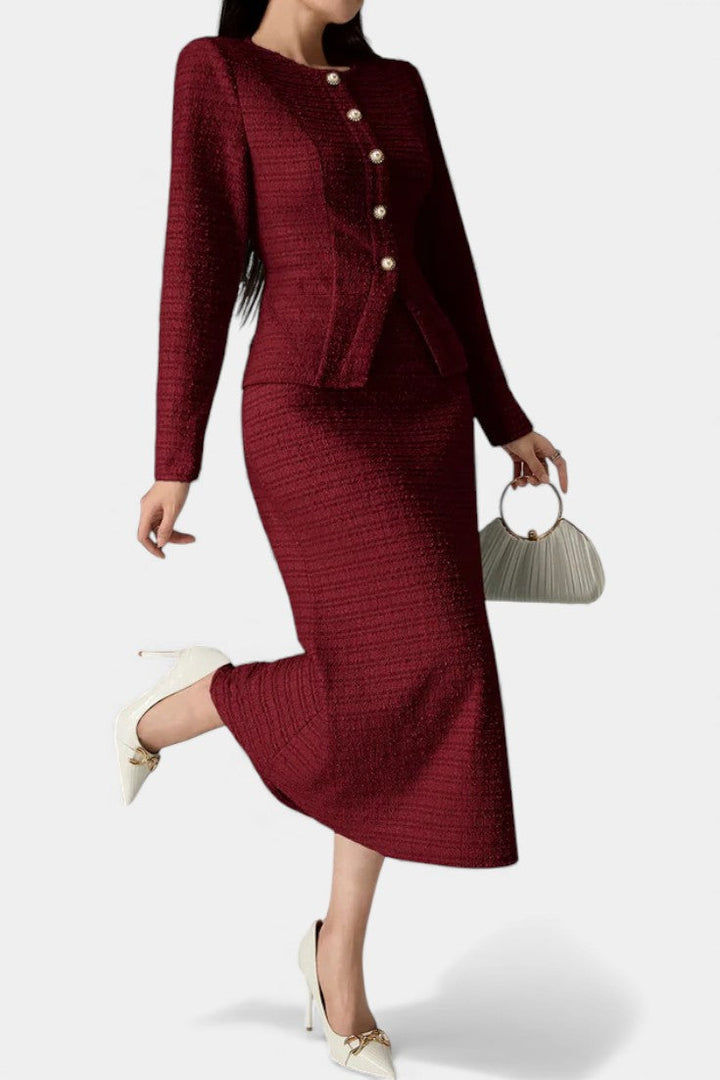 Raffaella Two-Piece Tweed Ensemble – Round Neck Blouse with Midi Mermaid Skirt