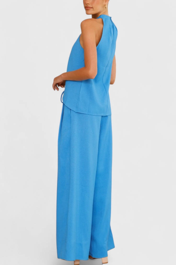 Lorena Linen Ensemble: Front Neckline Top with Wide Leg Pants
