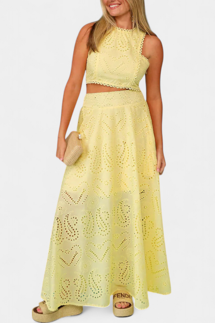 Sabina Floral Lace Two-Piece Set: Crop Top & Maxi Skirt