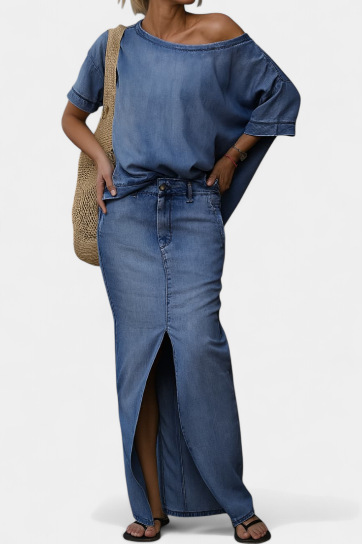 Perla Asymmetrical Denim Set with Long Skirt