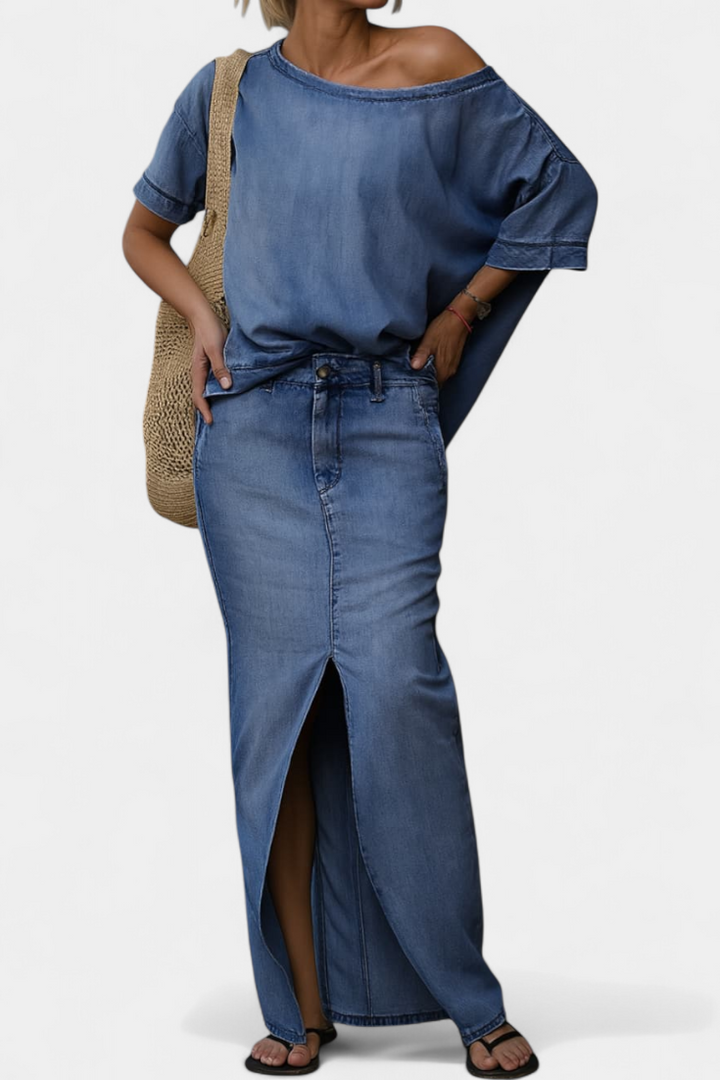 Perla Asymmetrical Denim Set with Long Skirt