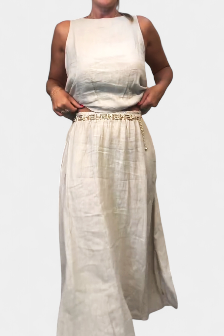 Martina Linen-Cotton Set with Sleeveless Vest and Maxi Skirt