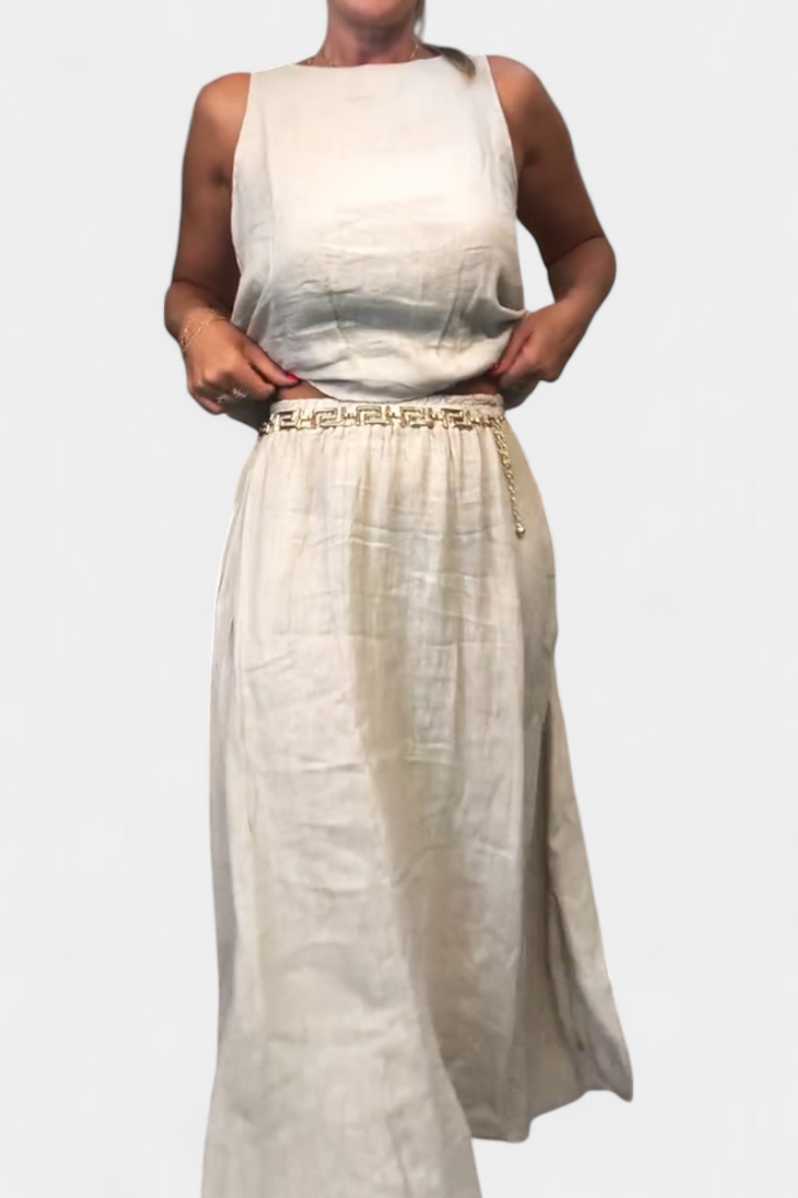 Martina Linen-Cotton Set with Sleeveless Vest and Maxi Skirt