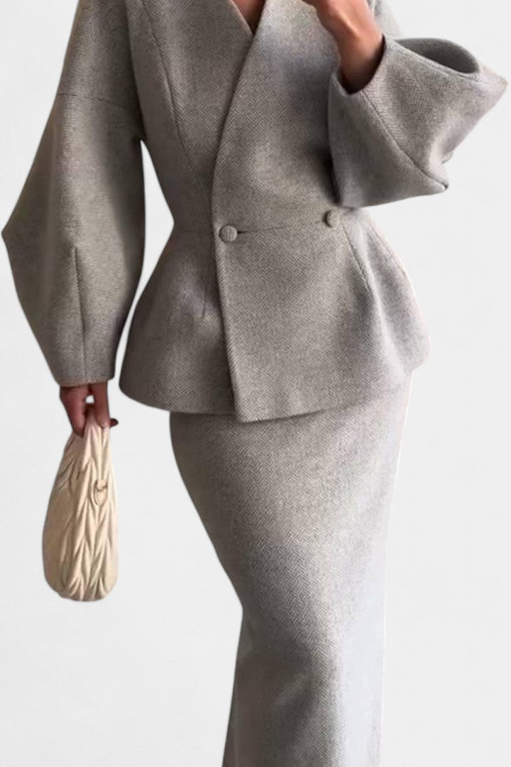 Sabina Chic Tailored Ensemble with V-Neck and Puff Sleeves