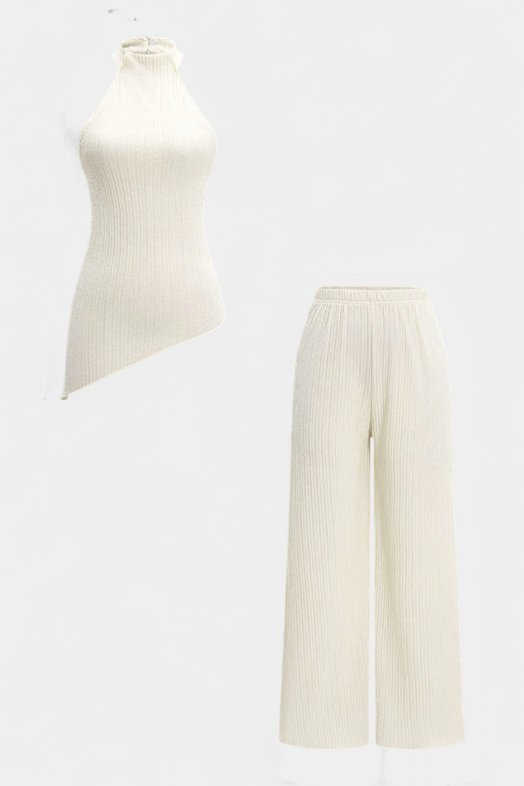 Nicoletta Halter Neck Asymmetrical Top with Wide-Leg Pants Set